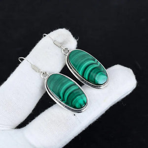 Natural Green Malachite Drop Earrings | Handcrafted 925 Sterling Silver Finish Jewelry | Unique Oval Gemstone Gift for Her
