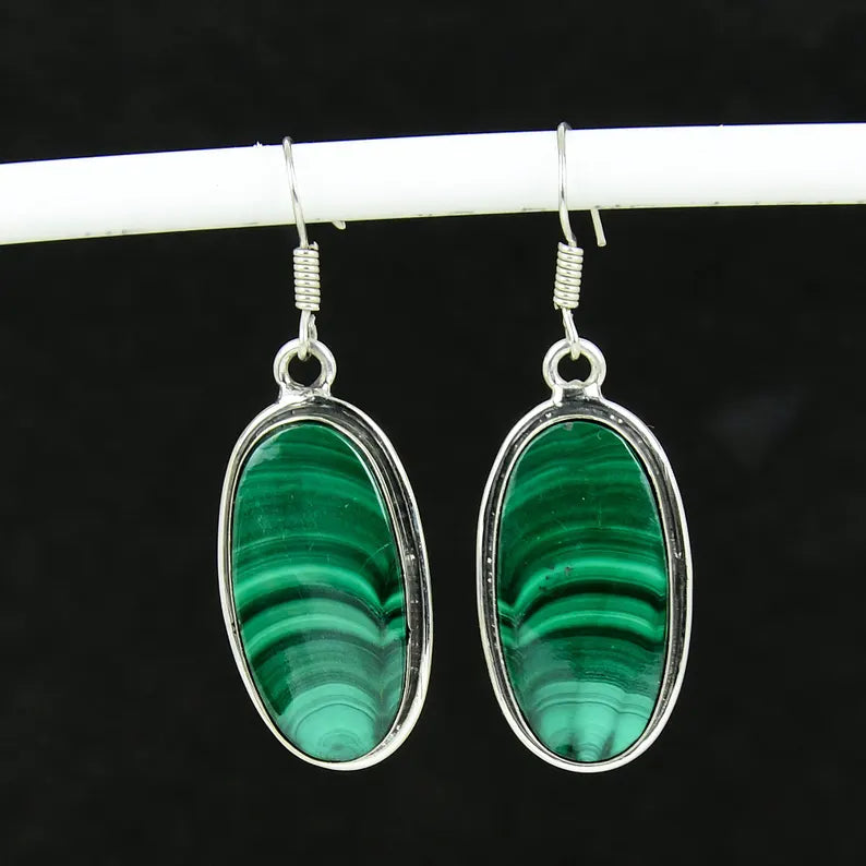 Natural Green Malachite Drop Earrings | Handcrafted 925 Sterling Silver Finish Jewelry | Unique Oval Gemstone Gift for Her