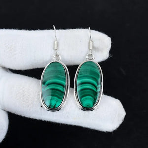 Natural Green Malachite Drop Earrings | Handcrafted 925 Sterling Silver Finish Jewelry | Unique Oval Gemstone Gift for Her