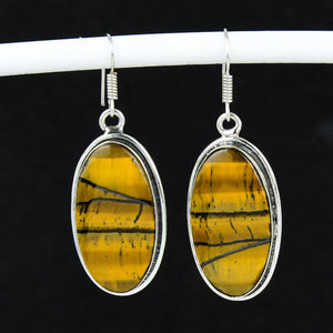 Pair of yellow tiger eye oval earrings with silver frames on a black background