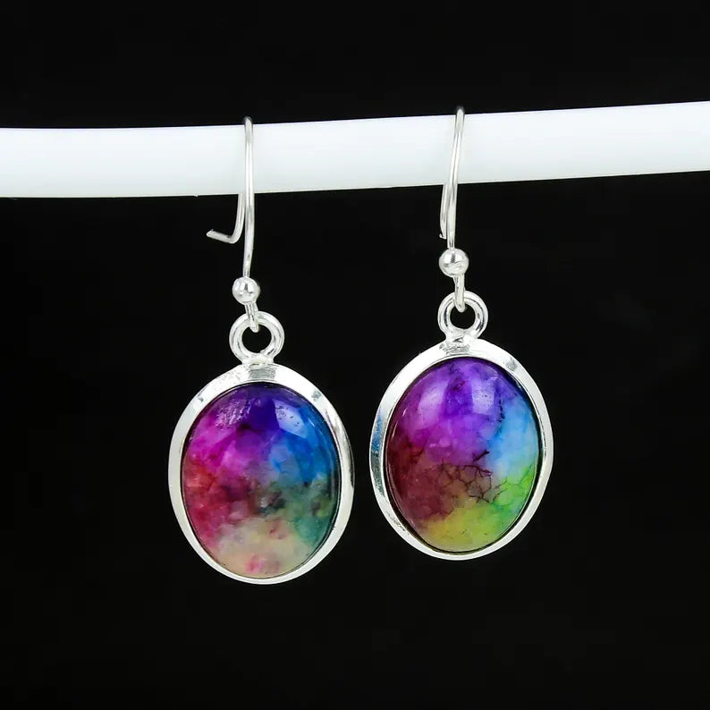 Natural Rainbow Solar Quartz Dangle Earrings | 925 Sterling Silver Handmade Jewelry | Vibrant Boho Drops | Gift for Love