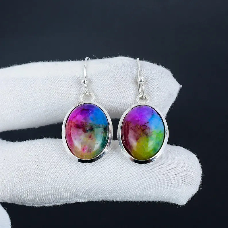 Natural Rainbow Solar Quartz Dangle Earrings | 925 Sterling Silver Handmade Jewelry | Vibrant Boho Drops | Gift for Love