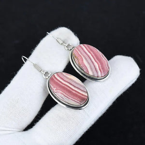 Natural Rhodochrosite Oval Dangle Earrings | 925 Sterling Silver Handmade Jewelry | Boho Pink Gemstone Earrings | Christmas Gift for Her