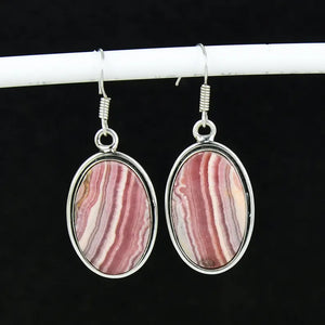 Natural Rhodochrosite Oval Dangle Earrings | 925 Sterling Silver Handmade Jewelry | Boho Pink Gemstone Earrings | Christmas Gift for Her