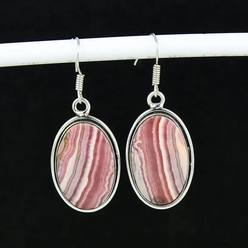 Natural Rhodochrosite Oval Dangle Earrings | 925 Sterling Silver Handmade Jewelry | Boho Pink Gemstone Earrings | Christmas Gift for Her