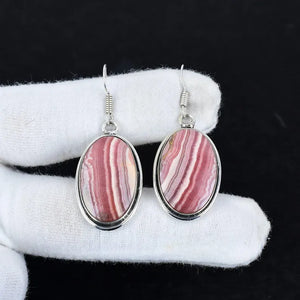 Natural Rhodochrosite Oval Dangle Earrings | 925 Sterling Silver Handmade Jewelry | Boho Pink Gemstone Earrings | Christmas Gift for Her