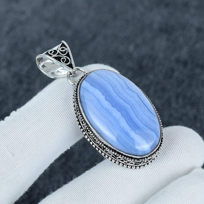 Handmade Blue Lace Agate Necklace – Natural Oval Gemstone in 925 Sterling Silver