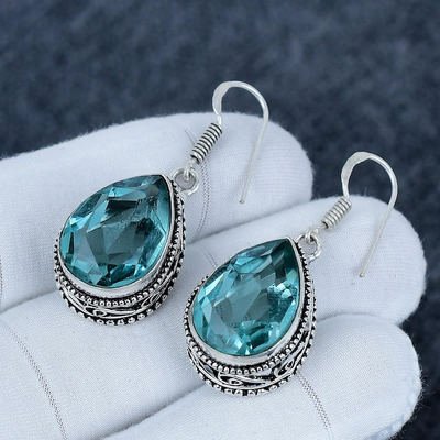 Aquamarine 925 Sterling Silver Handmade Earrings – Pear Shape Antique Design | Elegant Jewelry Gift for Mother & Her