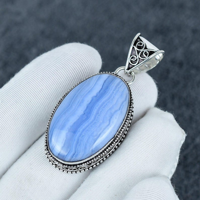 Boho Blue Lace Agate Pendant | Healing Crystal Jewelry Gift for Women