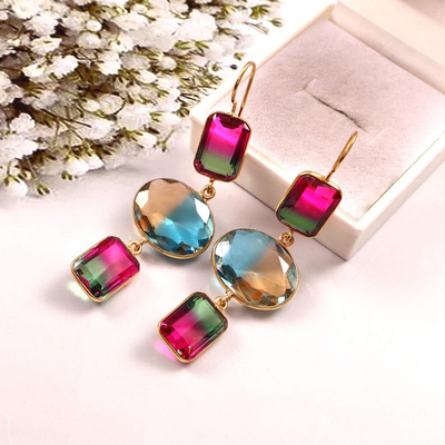 Radiant Triple-Tone Crystal Drop Earrings | Gold-Plated Gradient Dangles | Festive Party Jewelry for Her