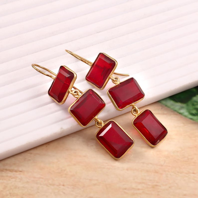 Red Crystal Drop Earrings – Gold Plated Long Dangle Earrings – Elegant Statement Jewelry for Parties & Weddings – Gift for Her
