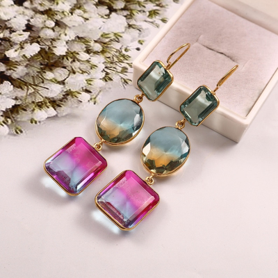 Multicolor Crystal Drop Earrings – Blue Gold Pink Gradient Dangles | Handmade Gold-Plated Party Jewelry | Gift for Her