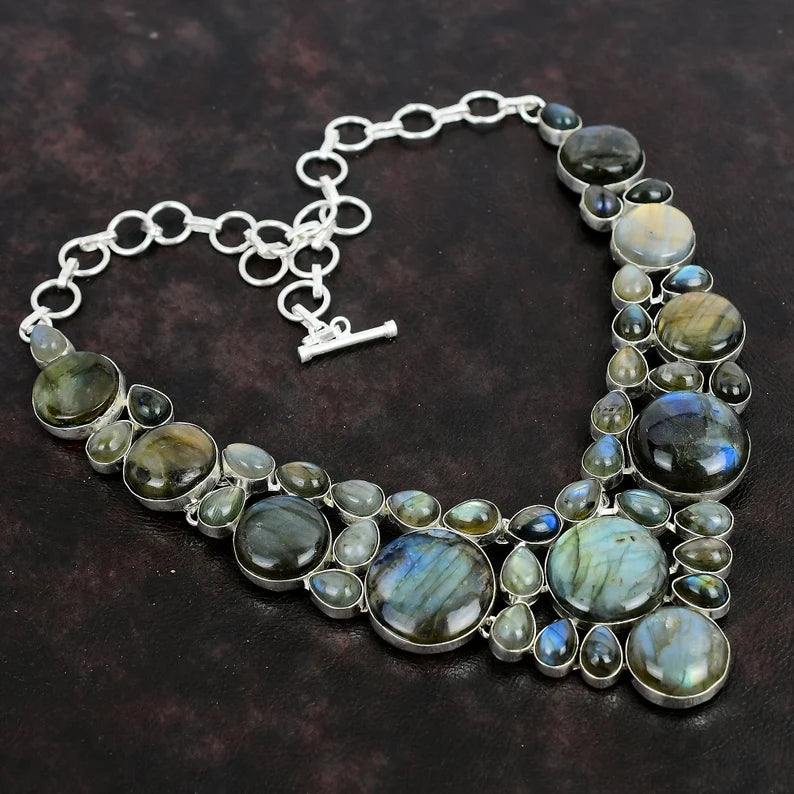 Necklace with Labradorite stones on a dark background