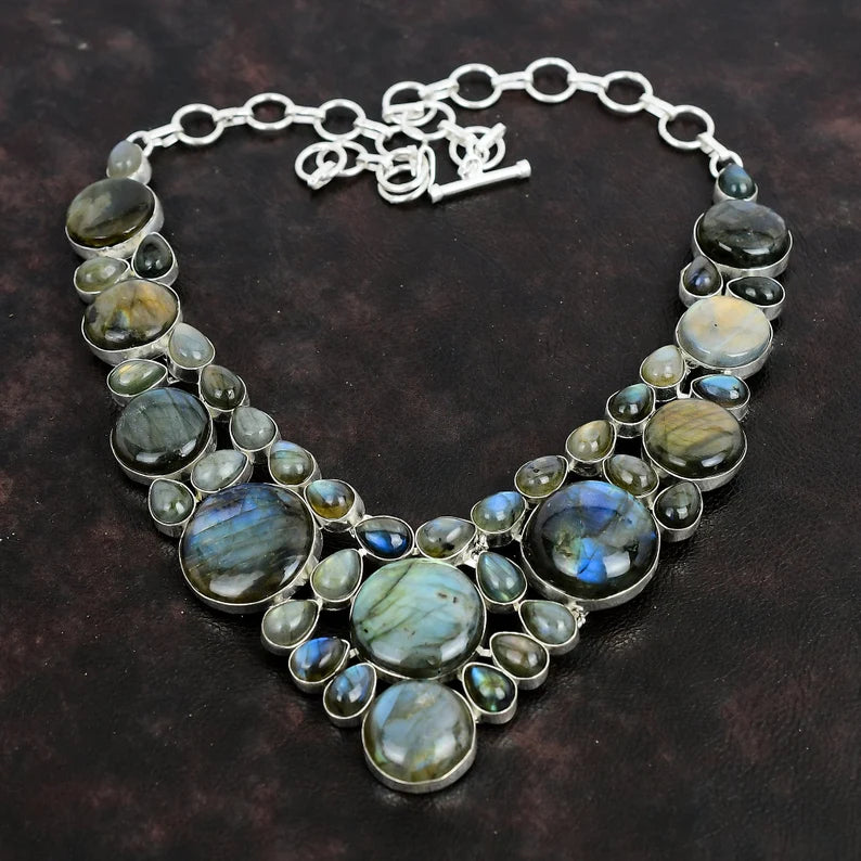 Necklace with Labradorite stones on a dark background