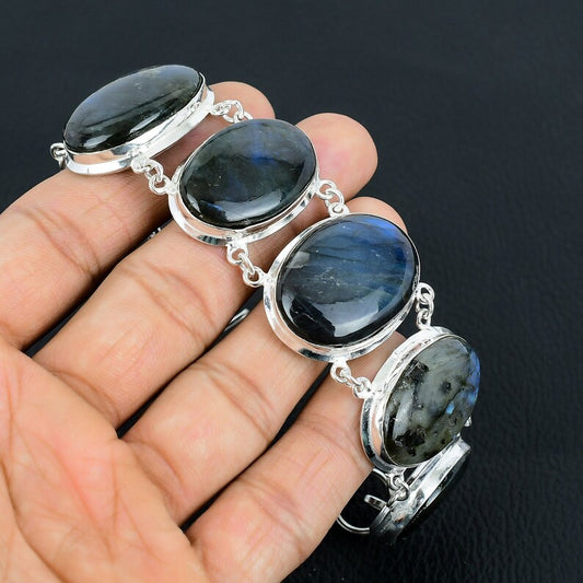 Natural Labradorite Gemstone Handmade Bracelet | 925 Sterling Silver | Adjustable Jewelry