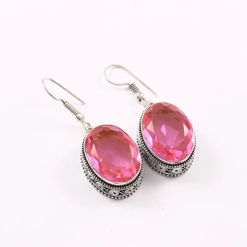 Beautiful Pink Topaz Dangle Earrings | Oxidized Sterling Silver | Boho Vintage