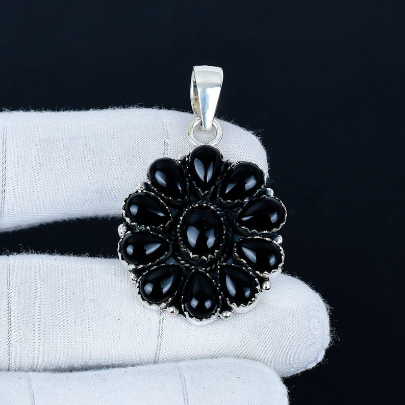 Black Onyx Gemstone Flower Pendant – Handmade 925 Sterling Silver | Boho Jewelry