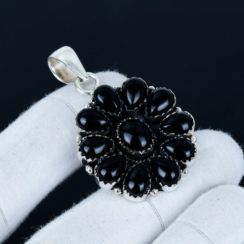Black Onyx Gemstone Flower Pendant – Handmade 925 Sterling Silver | Boho Jewelry