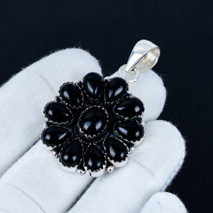 Black Onyx Gemstone Flower Pendant – Handmade 925 Sterling Silver | Boho Jewelry