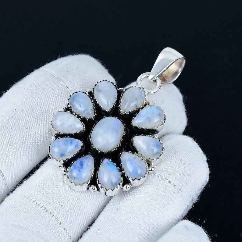Beautiful Moonstone Flower Pendant – Handmade  Finish 925 Sterling Silver Jewelry – Gift For Her
