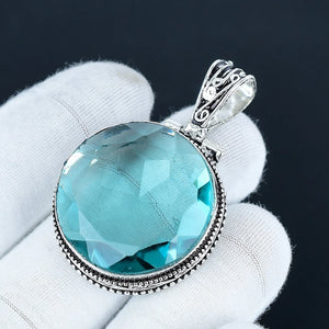 Elegant Aqua Apatite Round Pendant Necklace | 925 Sterling Silver | Handmade Vintage Design | Gift For Her
