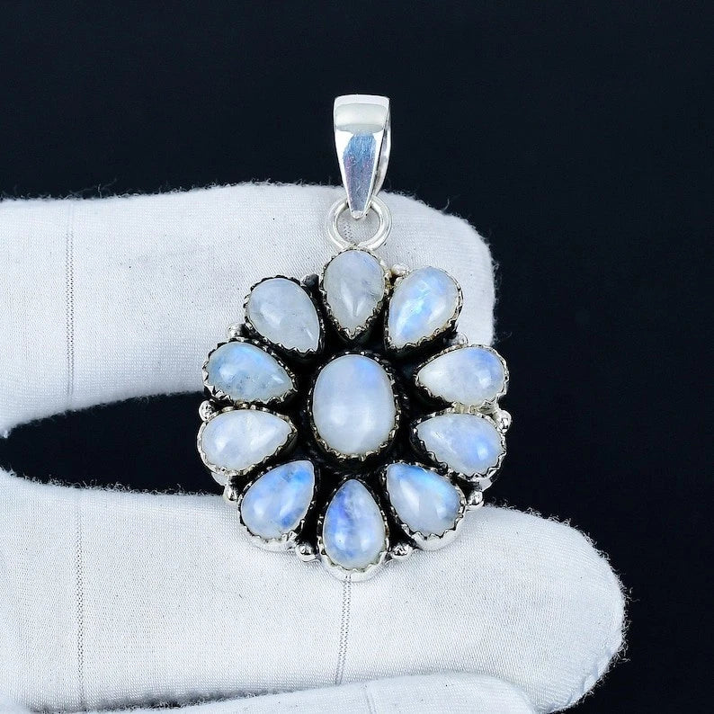 Beautiful Moonstone Flower Pendant – Handmade  Finish 925 Sterling Silver Jewelry – Gift For Her